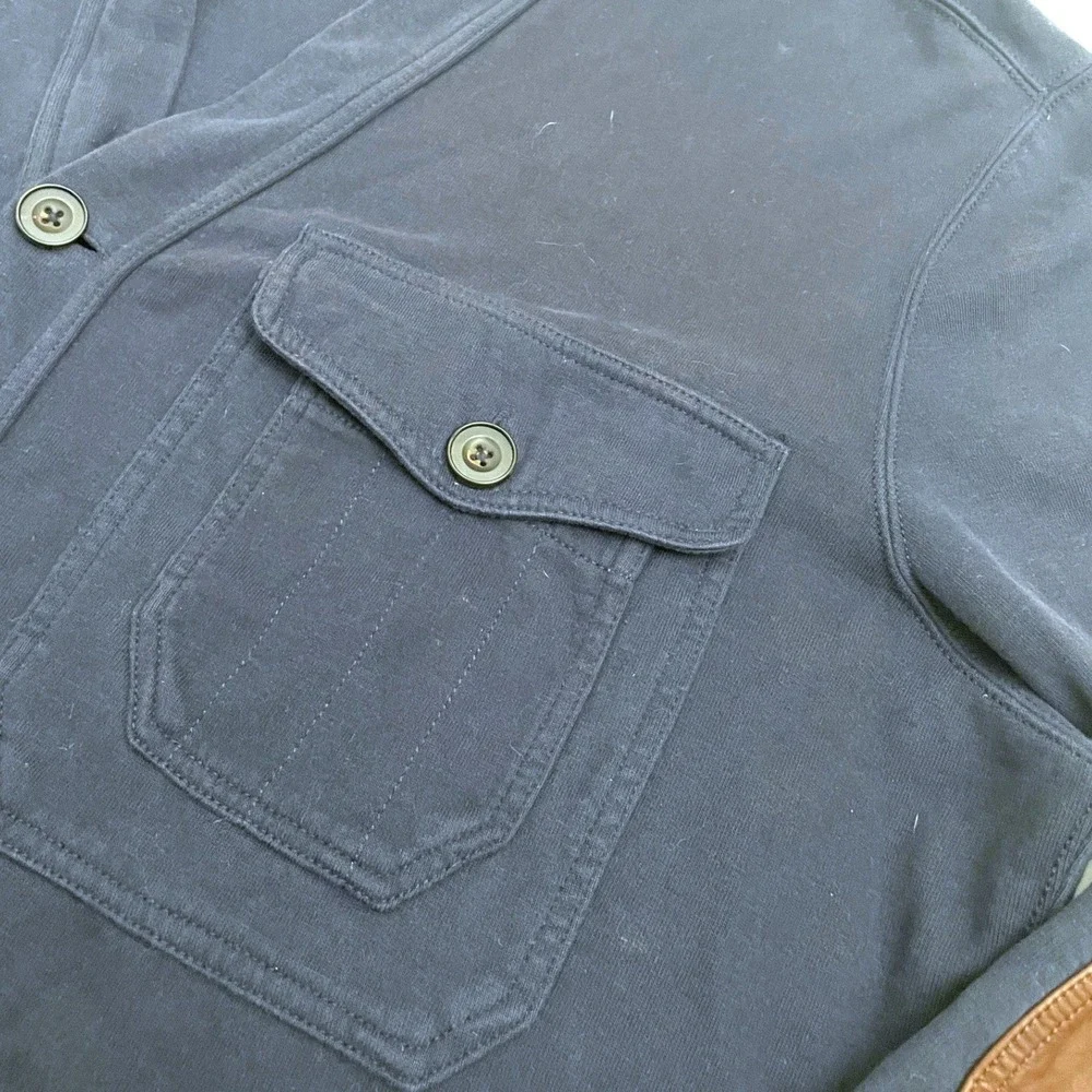 Vintage Polo Ralph Lauren Cardigan XL Blue Utility Pockets Leather Elbow Patches